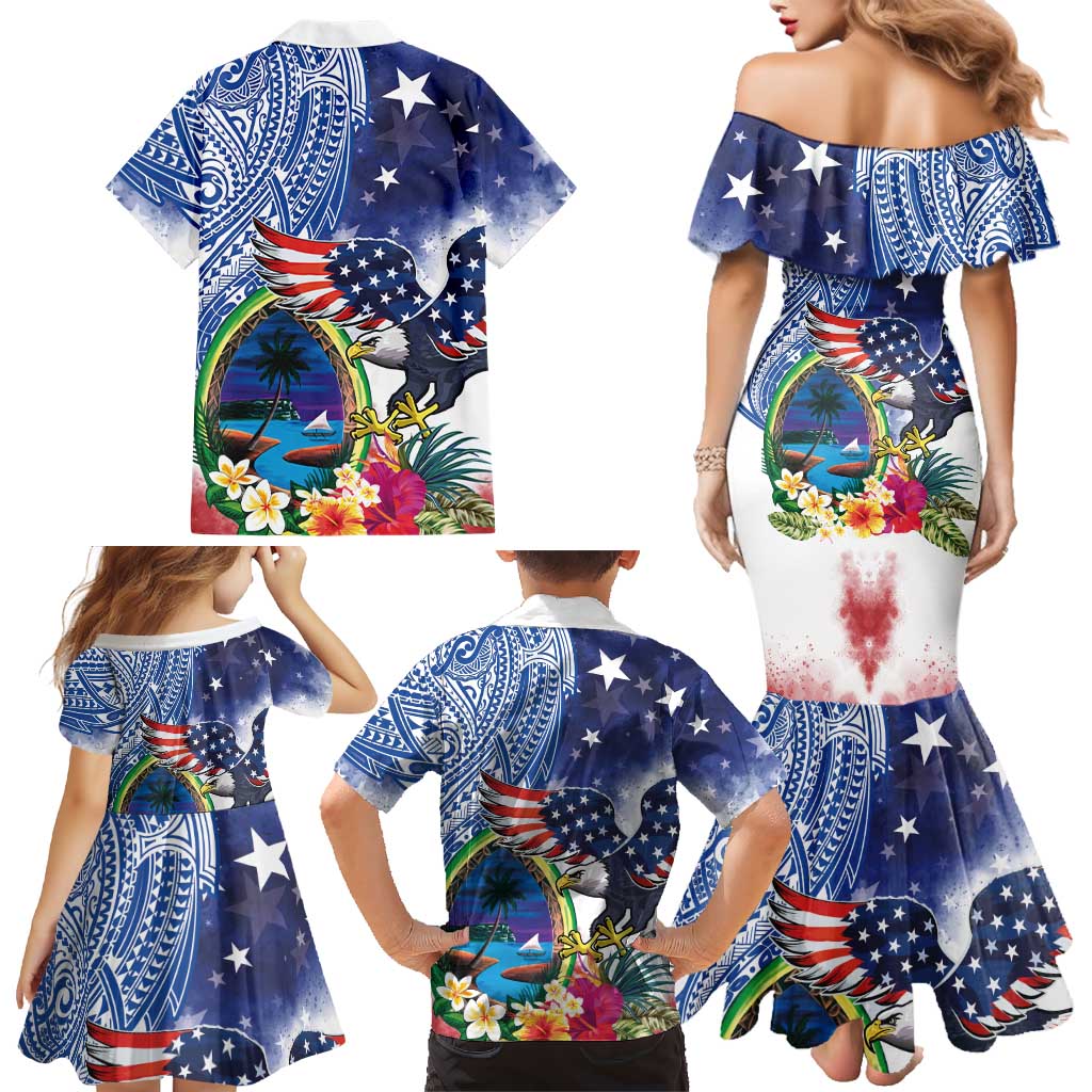 Guam and United States Together Family Matching Mermaid Dress and Hawaiian Shirt Bald Eagle and Guam Seal with Flower and Tribal Tattoos LT03 - Polynesian Pride