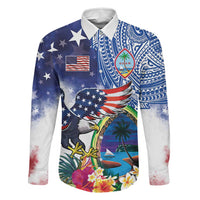 Guam and United States Together Family Matching Mermaid Dress and Hawaiian Shirt Bald Eagle and Guam Seal with Flower and Tribal Tattoos LT03 Dad's Shirt - Long Sleeve Multicolor - Polynesian Pride
