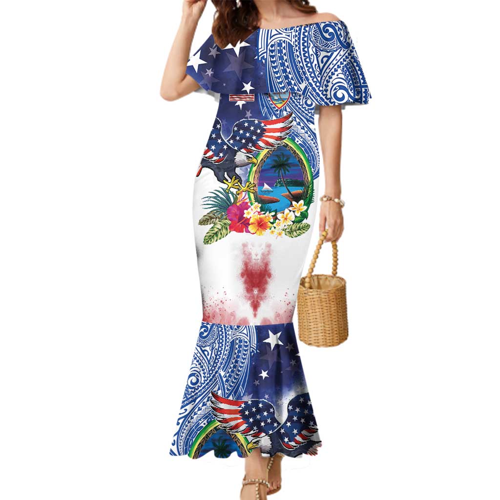 Guam and United States Together Family Matching Mermaid Dress and Hawaiian Shirt Bald Eagle and Guam Seal with Flower and Tribal Tattoos LT03 Mom's Dress Multicolor - Polynesian Pride