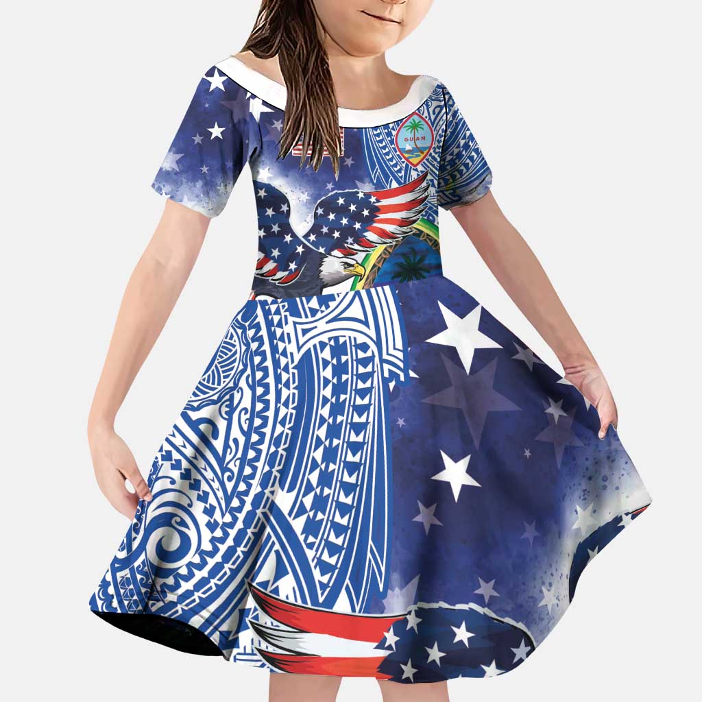 Guam and United States Together Family Matching Off The Shoulder Long Sleeve Dress and Hawaiian Shirt Bald Eagle and Guam Seal with Flower and Tribal Tattoos LT03 Daughter's Dress Multicolor - Polynesian Pride