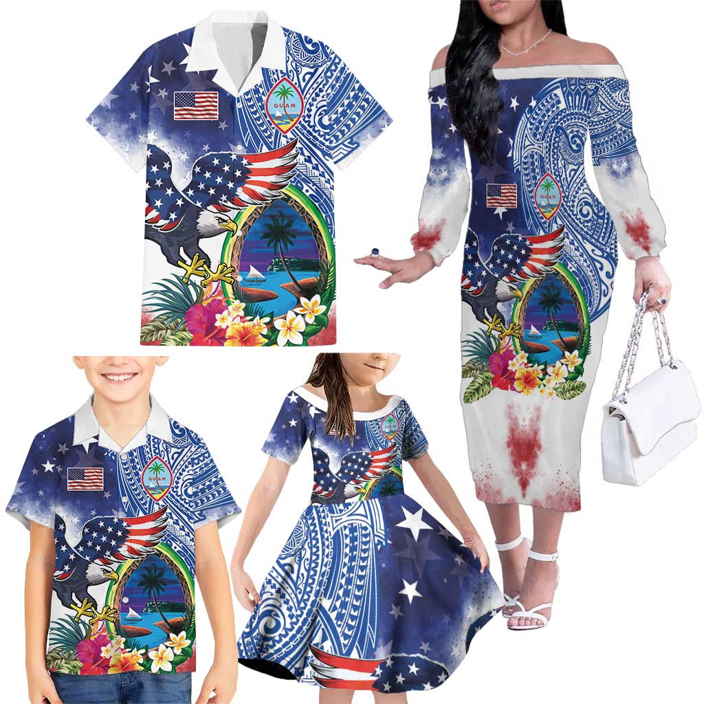 Guam and United States Together Family Matching Off The Shoulder Long Sleeve Dress and Hawaiian Shirt Bald Eagle and Guam Seal with Flower and Tribal Tattoos LT03 - Polynesian Pride