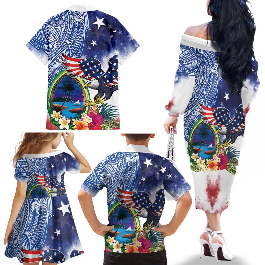 Guam and United States Together Family Matching Off The Shoulder Long Sleeve Dress and Hawaiian Shirt Bald Eagle and Guam Seal with Flower and Tribal Tattoos LT03 - Polynesian Pride