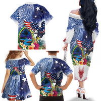 Guam and United States Together Family Matching Off The Shoulder Long Sleeve Dress and Hawaiian Shirt Bald Eagle and Guam Seal with Flower and Tribal Tattoos LT03 - Polynesian Pride
