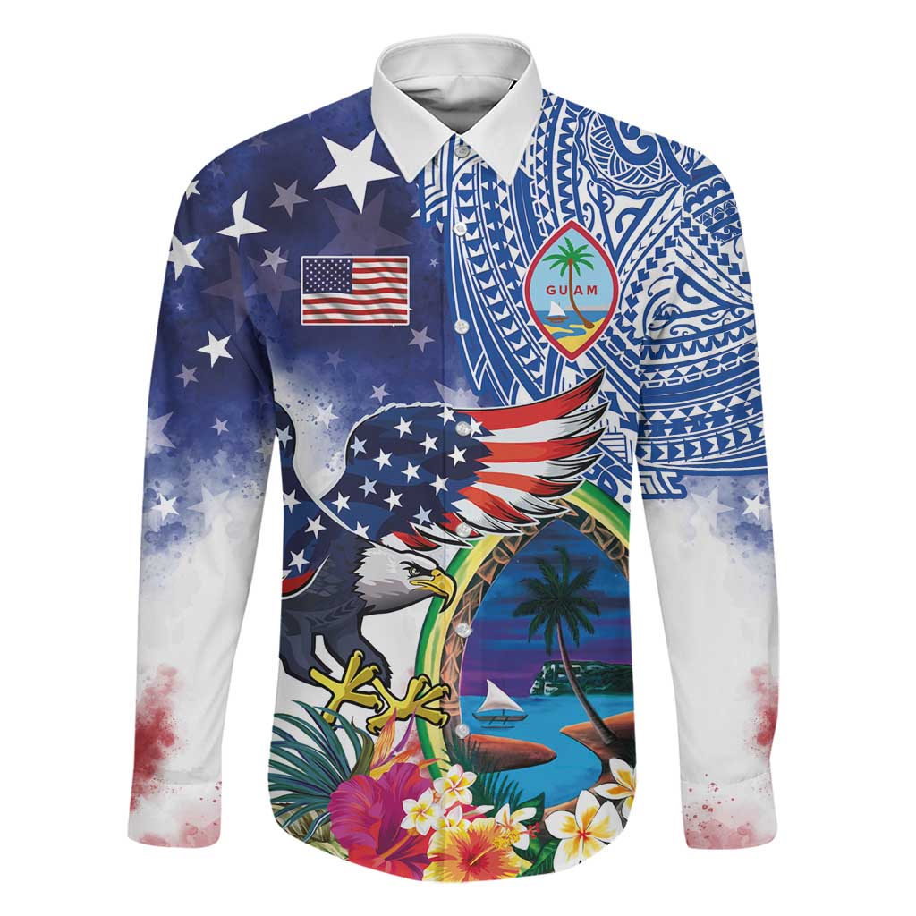Guam and United States Together Family Matching Off The Shoulder Long Sleeve Dress and Hawaiian Shirt Bald Eagle and Guam Seal with Flower and Tribal Tattoos LT03 Dad's Shirt - Long Sleeve Multicolor - Polynesian Pride