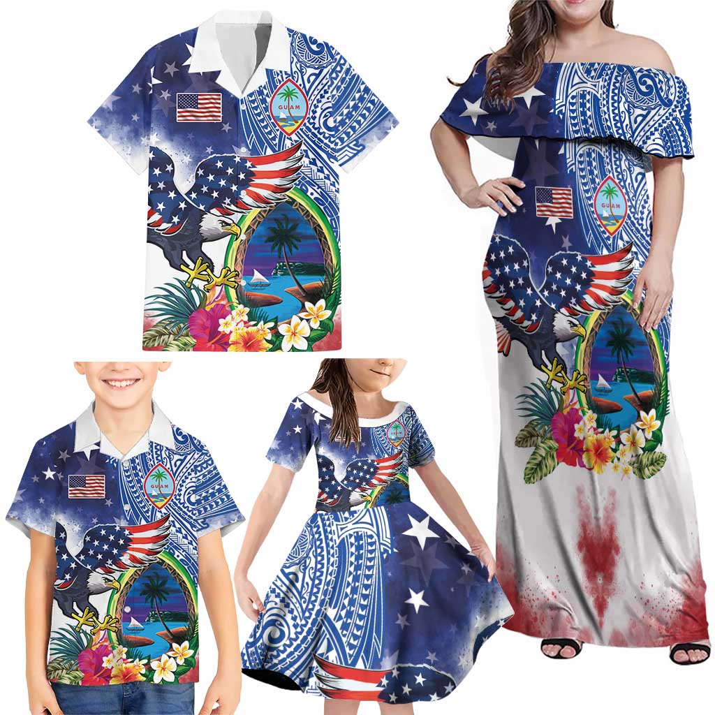 Guam and United States Together Family Matching Off Shoulder Maxi Dress and Hawaiian Shirt Bald Eagle and Guam Seal with Flower and Tribal Tattoos - Polynesian Pride