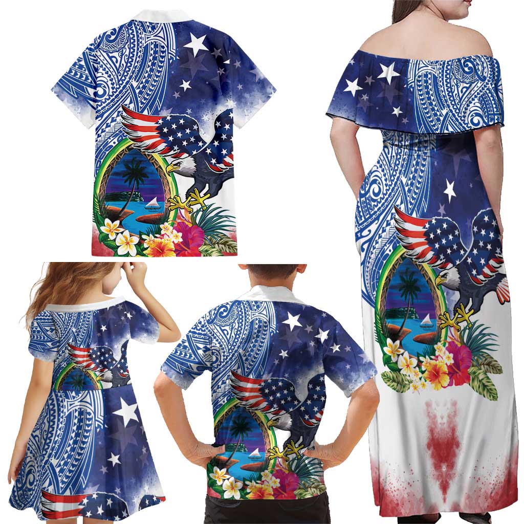 Guam and United States Together Family Matching Off Shoulder Maxi Dress and Hawaiian Shirt Bald Eagle and Guam Seal with Flower and Tribal Tattoos LT03 - Polynesian Pride