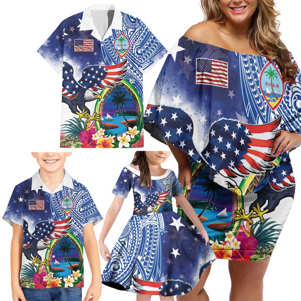 Guam and United States Together Family Matching Off Shoulder Short Dress and Hawaiian Shirt Bald Eagle and Guam Seal with Flower and Tribal Tattoos - Polynesian Pride