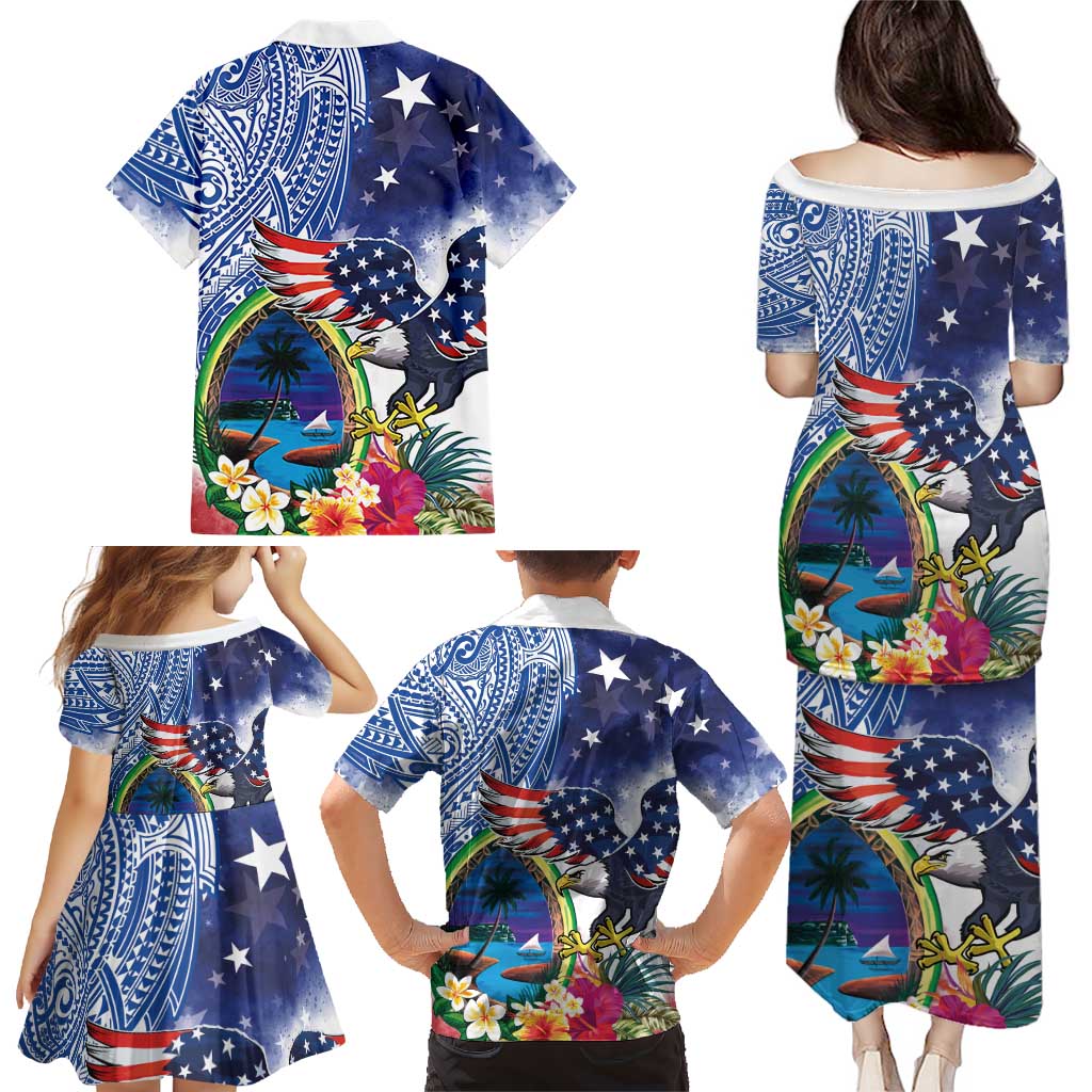 Guam and United States Together Family Matching Puletasi and Hawaiian Shirt Bald Eagle and Guam Seal with Flower and Tribal Tattoos LT03 - Polynesian Pride