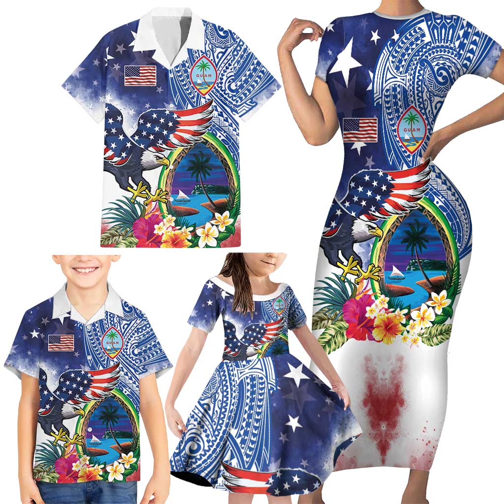 Guam and United States Together Family Matching Short Sleeve Bodycon Dress and Hawaiian Shirt Bald Eagle and Guam Seal with Flower and Tribal Tattoos - Polynesian Pride