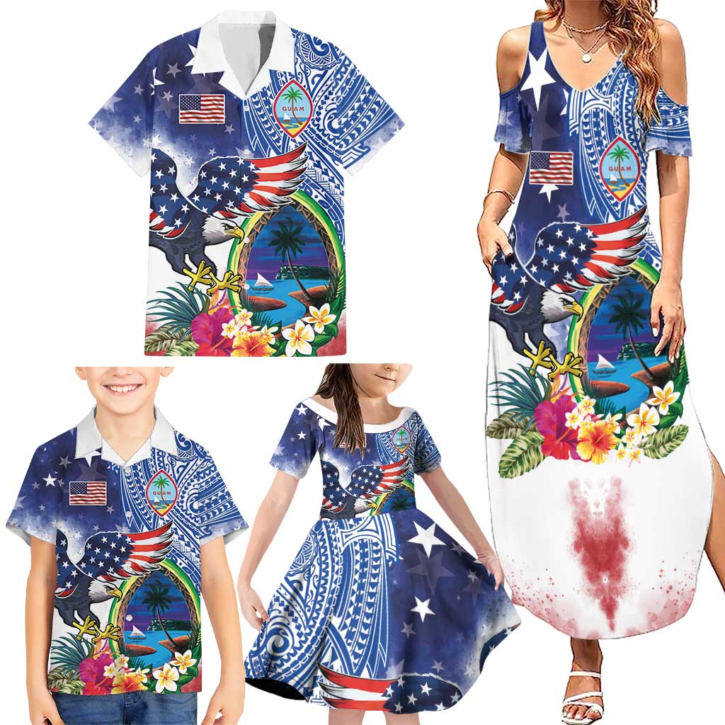 Guam and United States Together Family Matching Summer Maxi Dress and Hawaiian Shirt Bald Eagle and Guam Seal with Flower and Tribal Tattoos LT03 - Polynesian Pride