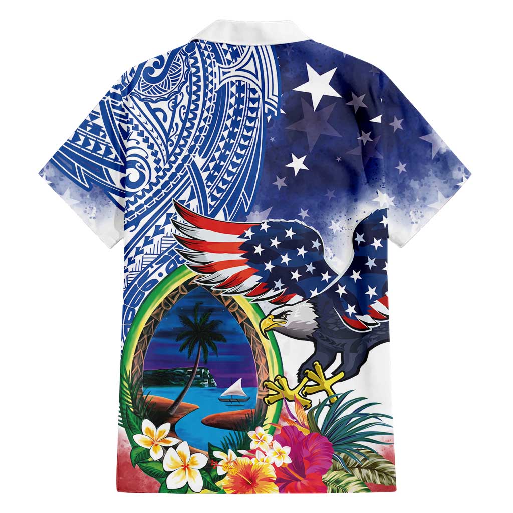 Guam and United States Together Family Matching Summer Maxi Dress and Hawaiian Shirt Bald Eagle and Guam Seal with Flower and Tribal Tattoos LT03 - Polynesian Pride