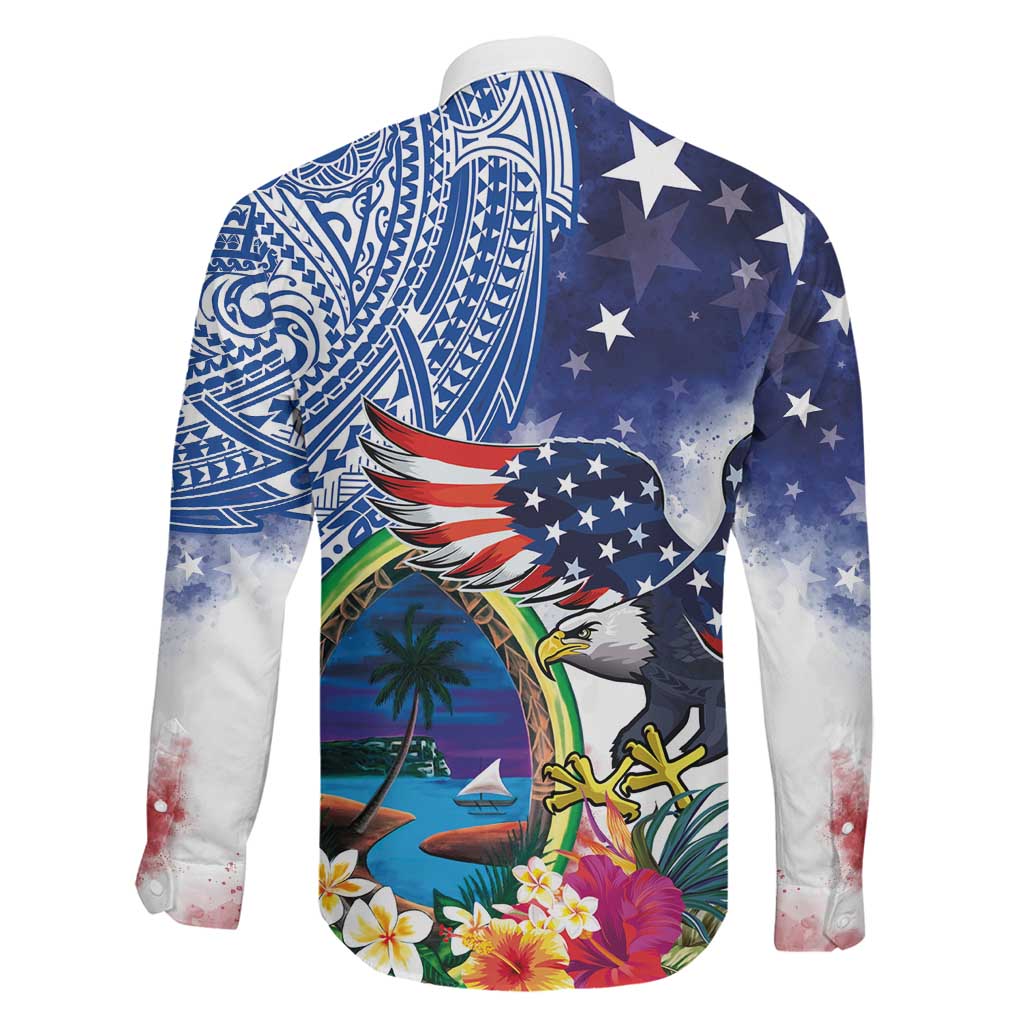 Guam and United States Together Family Matching Summer Maxi Dress and Hawaiian Shirt Bald Eagle and Guam Seal with Flower and Tribal Tattoos LT03 - Polynesian Pride