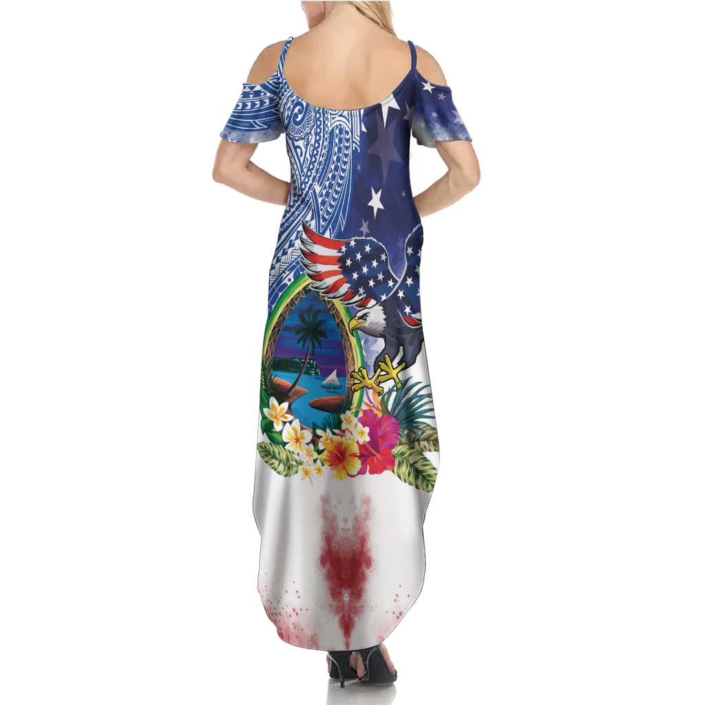 Guam and United States Together Family Matching Summer Maxi Dress and Hawaiian Shirt Bald Eagle and Guam Seal with Flower and Tribal Tattoos LT03 - Polynesian Pride