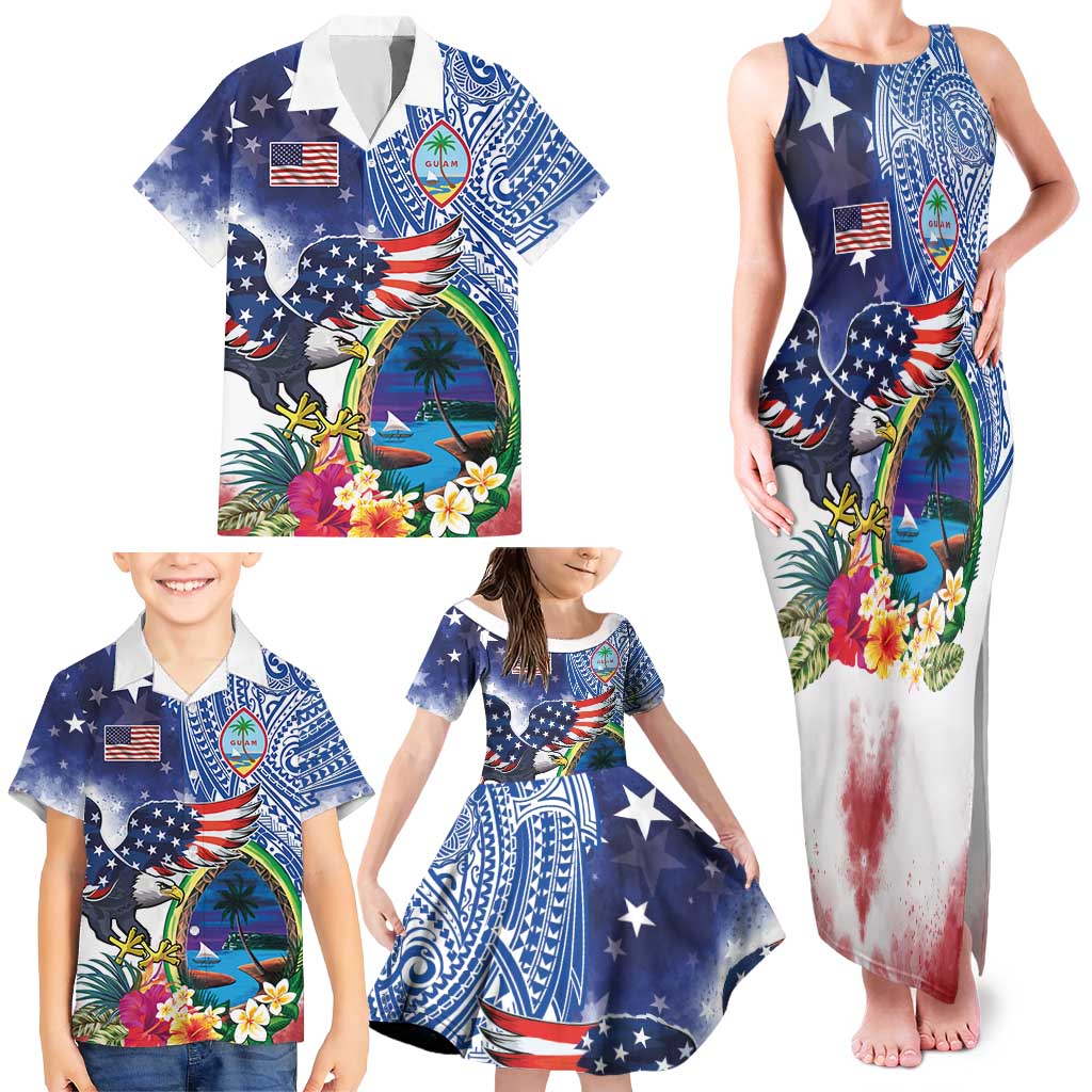 Guam and United States Together Family Matching Tank Maxi Dress and Hawaiian Shirt Bald Eagle and Guam Seal with Flower and Tribal Tattoos LT03 - Polynesian Pride