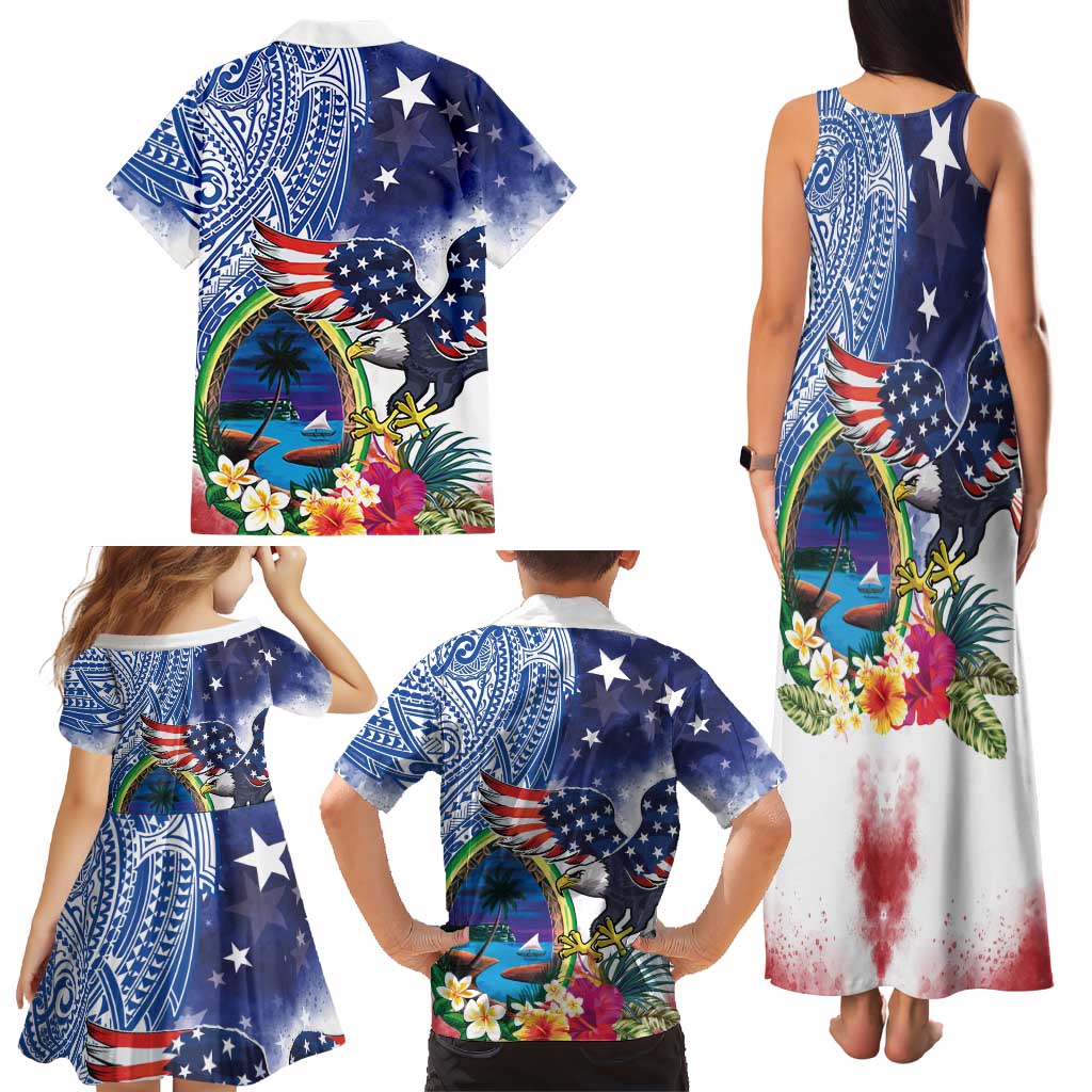 Guam and United States Together Family Matching Tank Maxi Dress and Hawaiian Shirt Bald Eagle and Guam Seal with Flower and Tribal Tattoos LT03 - Polynesian Pride