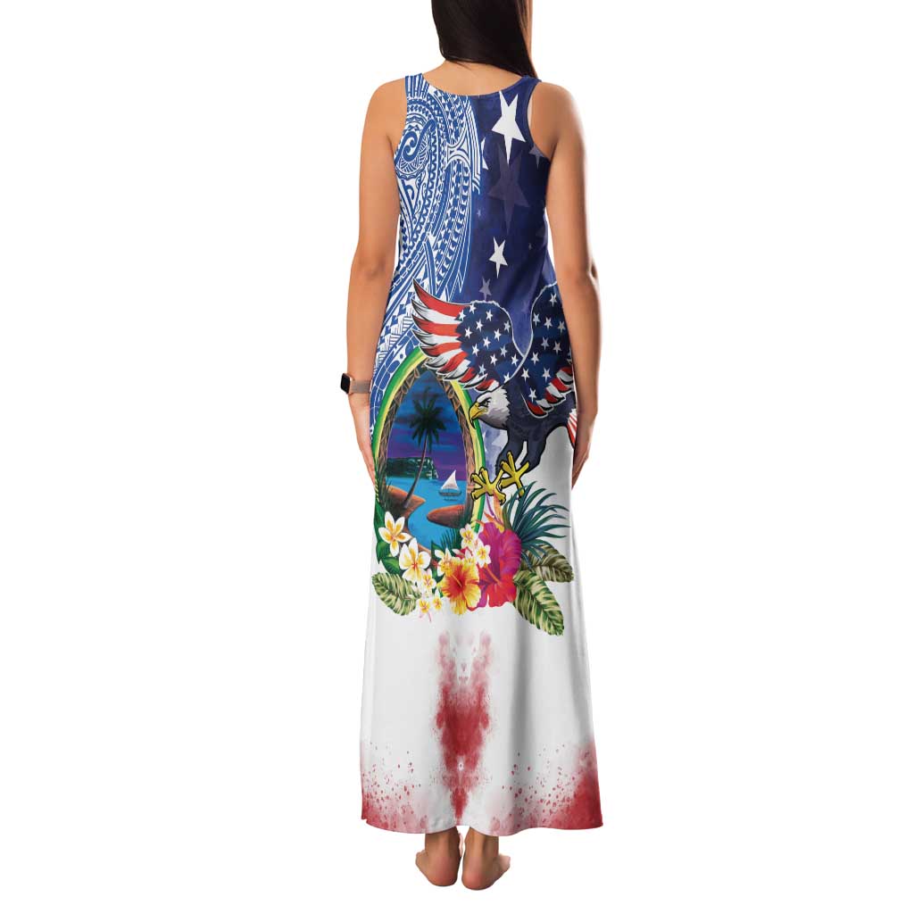 Guam and United States Together Family Matching Tank Maxi Dress and Hawaiian Shirt Bald Eagle and Guam Seal with Flower and Tribal Tattoos LT03 - Polynesian Pride