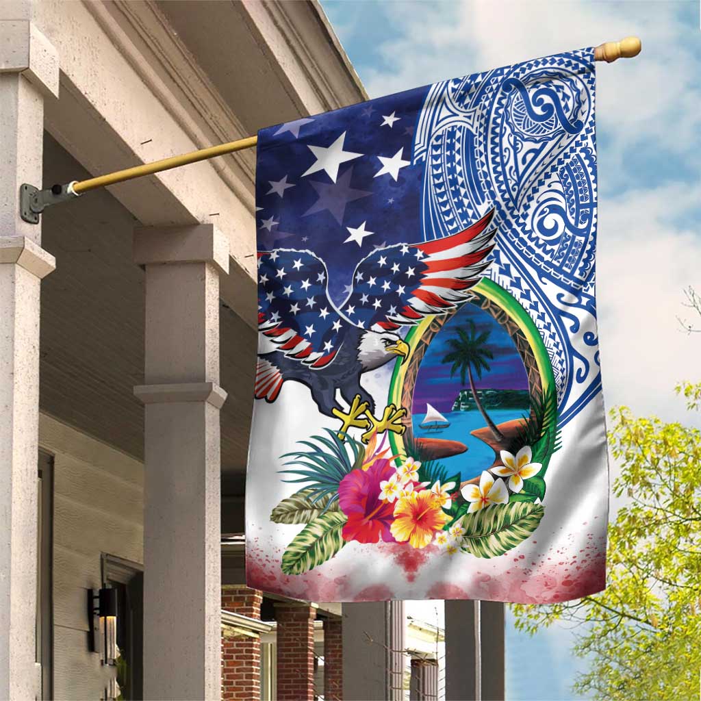 Guam and United States Together Garden Flag Bald Eagle and Guam Seal with Flower and Tribal Tattoos LT03 House Flag Multicolor - Polynesian Pride