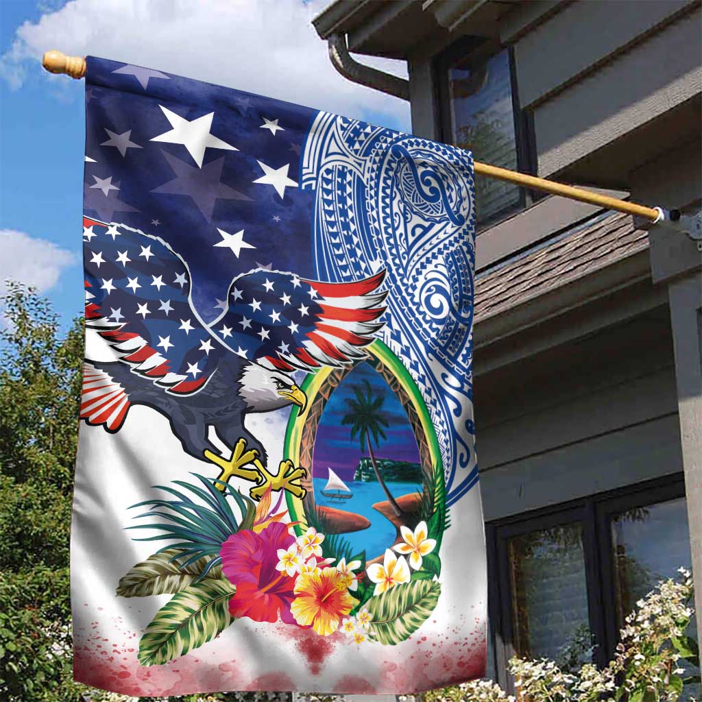 Guam and United States Together Garden Flag Bald Eagle and Guam Seal with Flower and Tribal Tattoos LT03 - Polynesian Pride