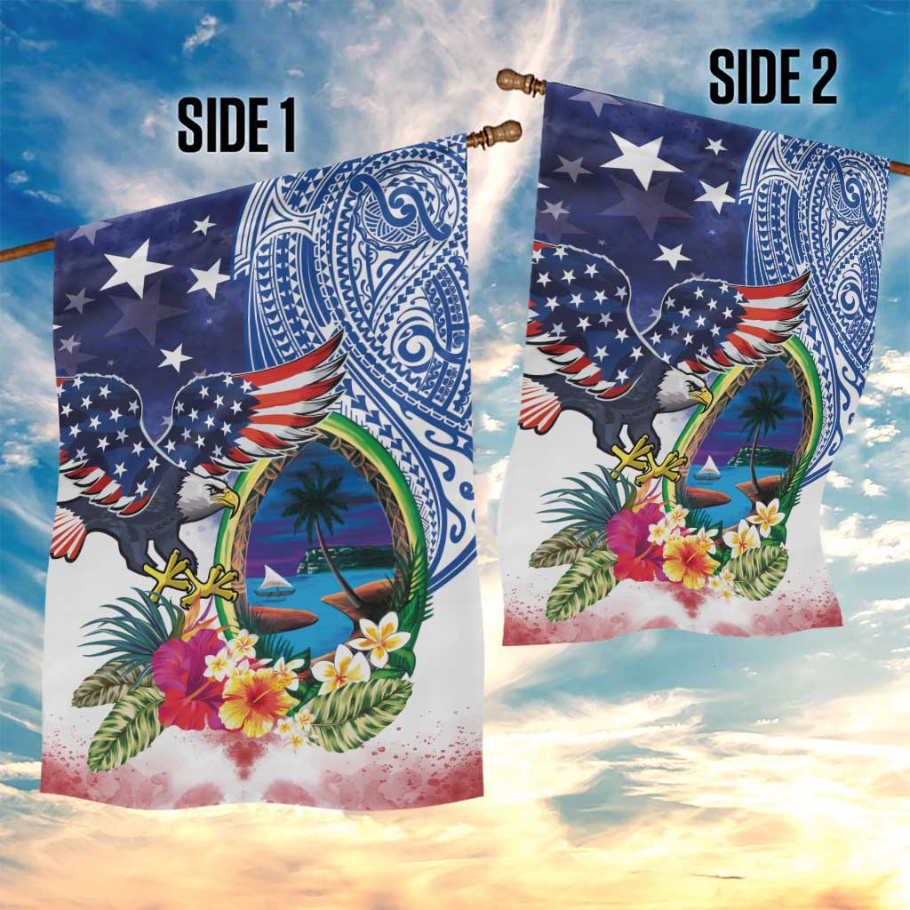Guam and United States Together Garden Flag Bald Eagle and Guam Seal with Flower and Tribal Tattoos LT03 - Polynesian Pride