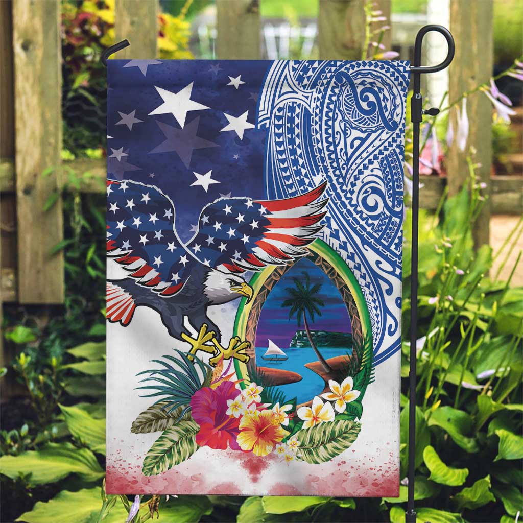 Guam and United States Together Garden Flag Bald Eagle and Guam Seal with Flower and Tribal Tattoos LT03 Garden Flag Multicolor - Polynesian Pride