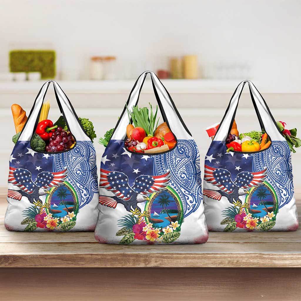 Guam and United States Together Grocery Bag Bald Eagle and Guam Seal with Flower and Tribal Tattoos LT03 3-pack One Size Multicolor - Polynesian Pride
