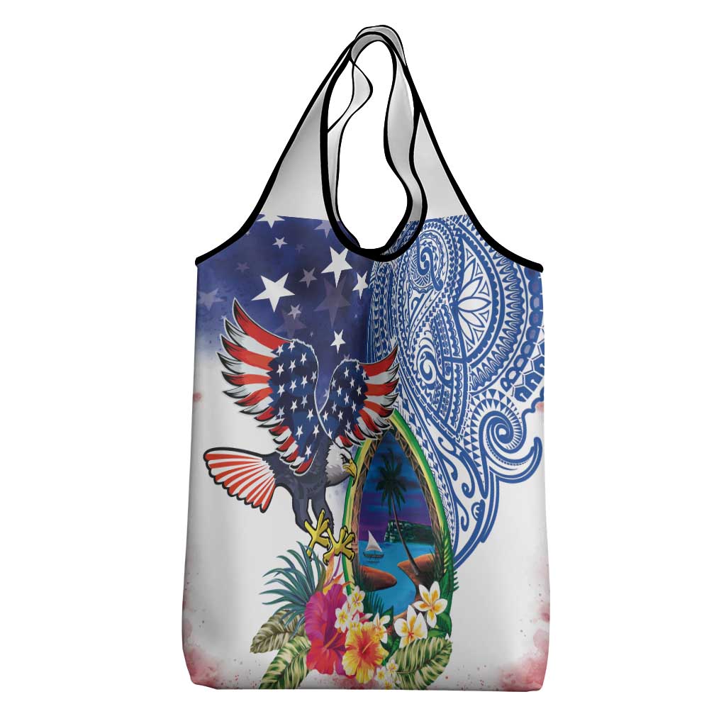 Guam and United States Together Grocery Bag Bald Eagle and Guam Seal with Flower and Tribal Tattoos LT03 - Polynesian Pride