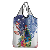 Guam and United States Together Grocery Bag Bald Eagle and Guam Seal with Flower and Tribal Tattoos LT03 - Polynesian Pride