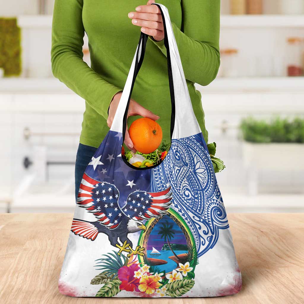 Guam and United States Together Grocery Bag Bald Eagle and Guam Seal with Flower and Tribal Tattoos LT03 - Polynesian Pride