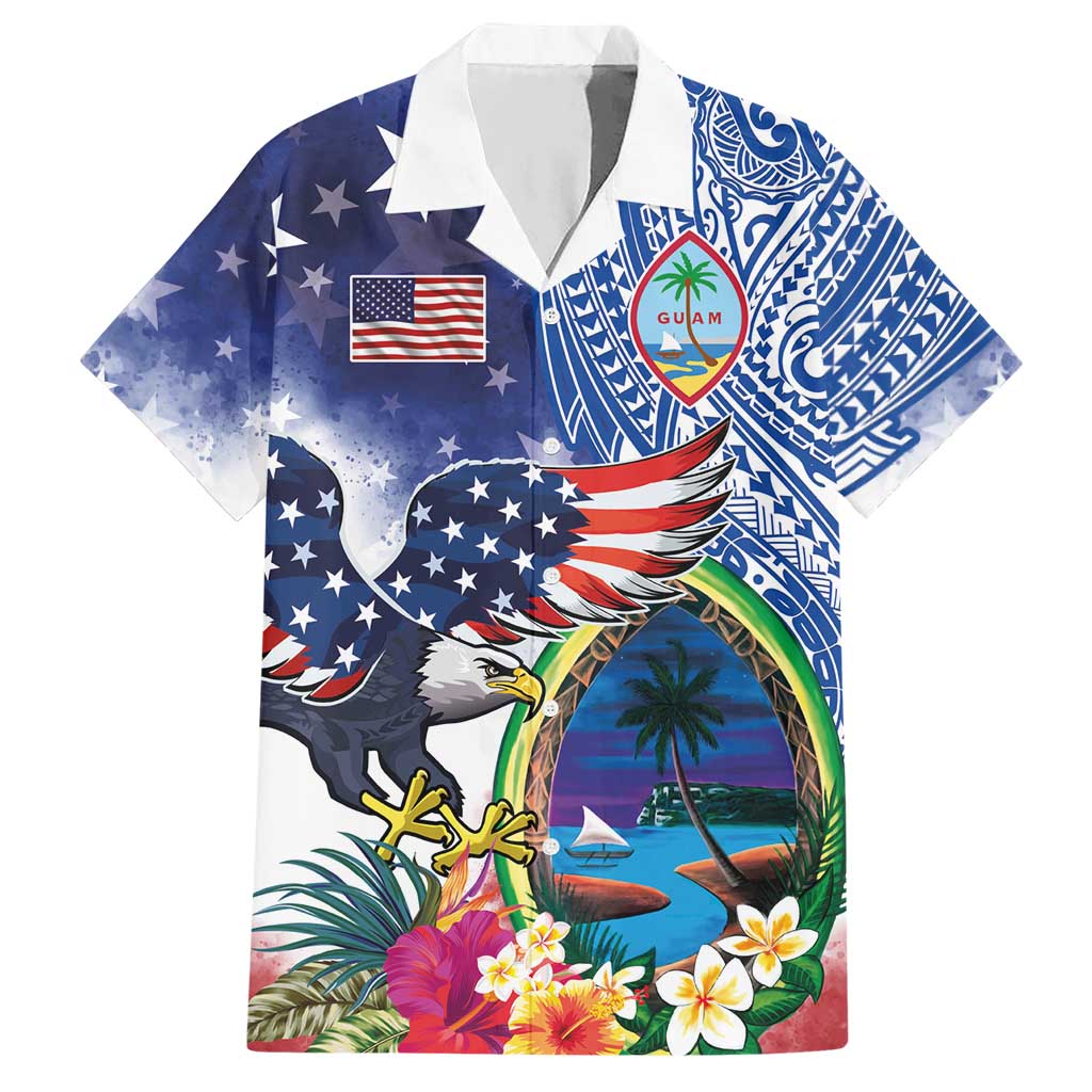 Guam and United States Together Hawaiian Shirt Bald Eagle and Guam Seal with Flower and Tribal Tattoos LT03 Multicolor - Polynesian Pride