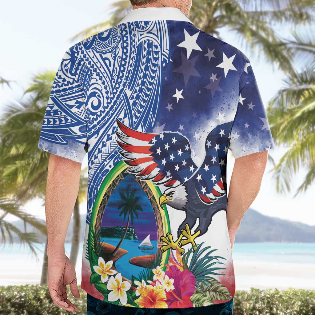 Guam and United States Together Hawaiian Shirt Bald Eagle and Guam Seal with Flower and Tribal Tattoos LT03 - Polynesian Pride