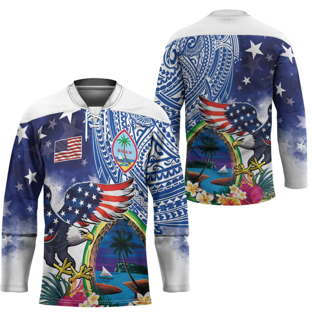 Guam and United States Together Hockey Jersey Bald Eagle and Guam Seal with Flower and Tribal Tattoos LT03 - Polynesian Pride