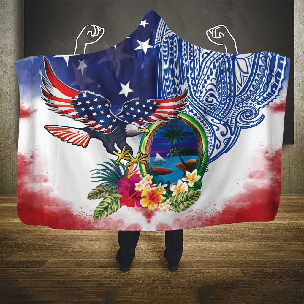 Guam and United States Together Hooded Blanket Bald Eagle and Guam Seal with Flower and Tribal Tattoos LT03 - Polynesian Pride