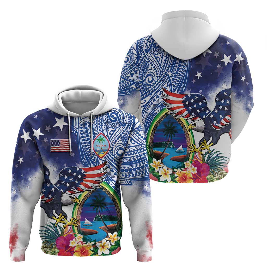 Guam and United States Together Hoodie Bald Eagle and Guam Seal with Flower and Tribal Tattoos LT03 - Polynesian Pride
