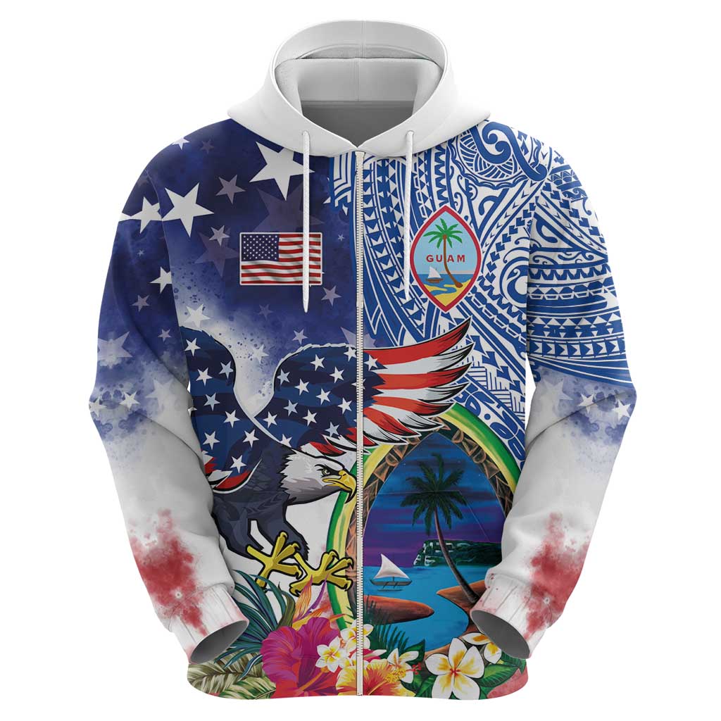 Guam and United States Together Hoodie Bald Eagle and Guam Seal with Flower and Tribal Tattoos LT03 - Polynesian Pride