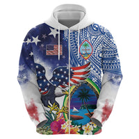 Guam and United States Together Hoodie Bald Eagle and Guam Seal with Flower and Tribal Tattoos LT03 - Polynesian Pride