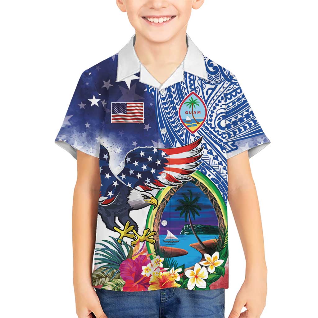 Guam and United States Together Kid Hawaiian Shirt Bald Eagle and Guam Seal with Flower and Tribal Tattoos LT03 Kid Multicolor - Polynesian Pride