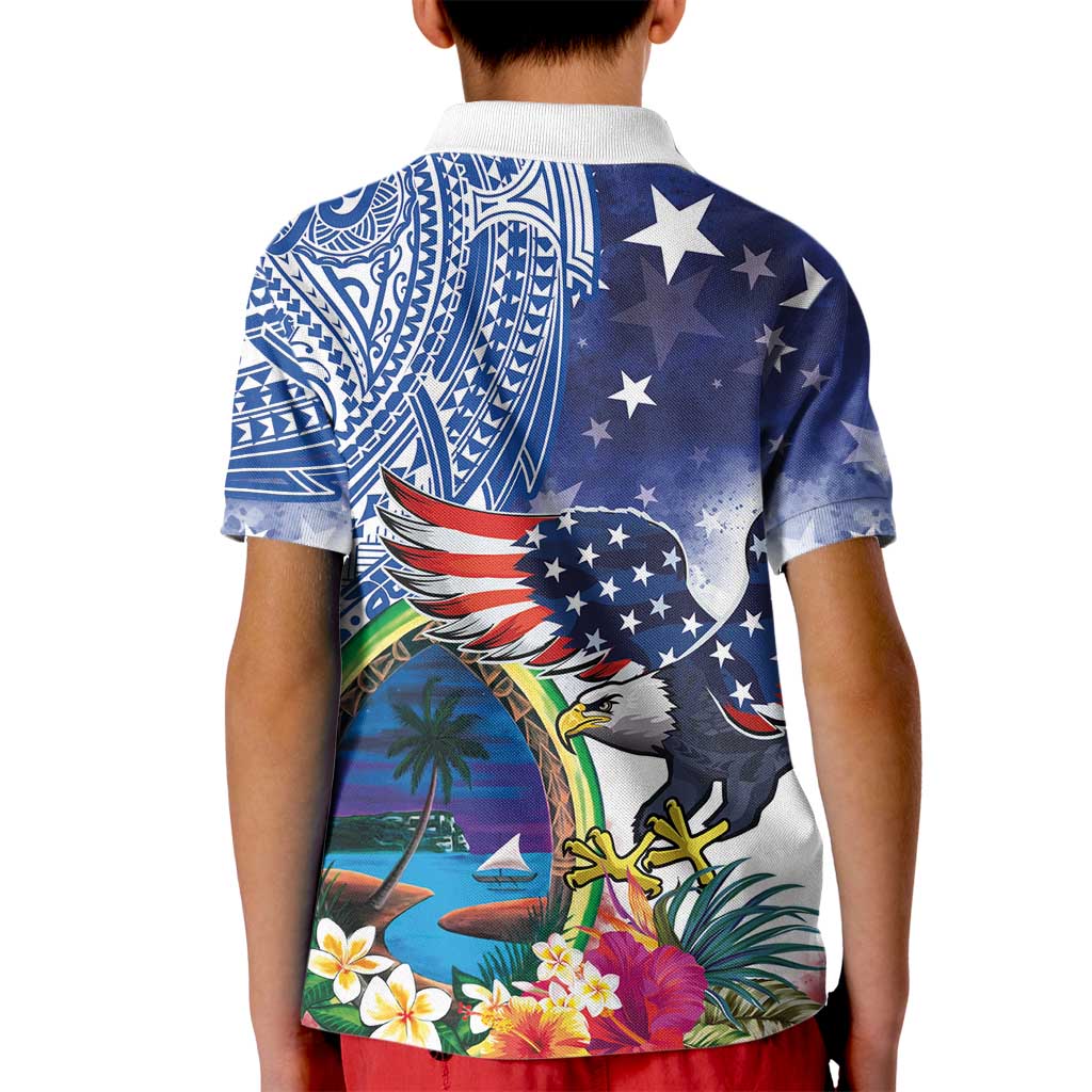 Guam and United States Together Kid Polo Shirt Bald Eagle and Guam Seal with Flower and Tribal Tattoos LT03 - Polynesian Pride
