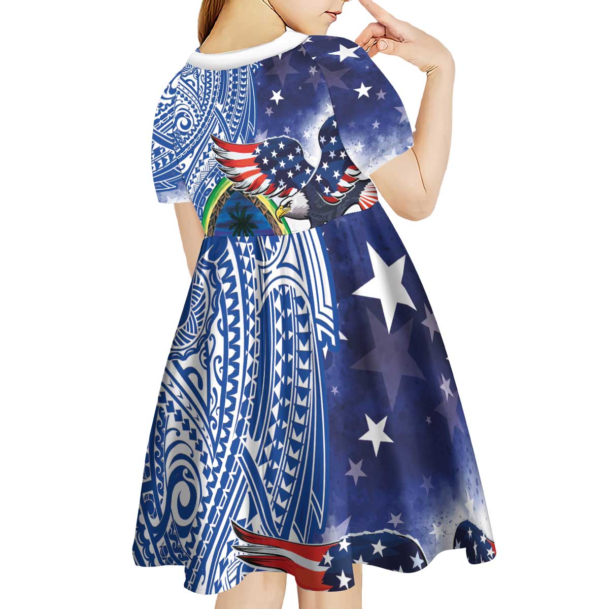 Guam and United States Together Kid Short Sleeve Dress Bald Eagle and Guam Seal with Flower and Tribal Tattoos LT03 - Polynesian Pride