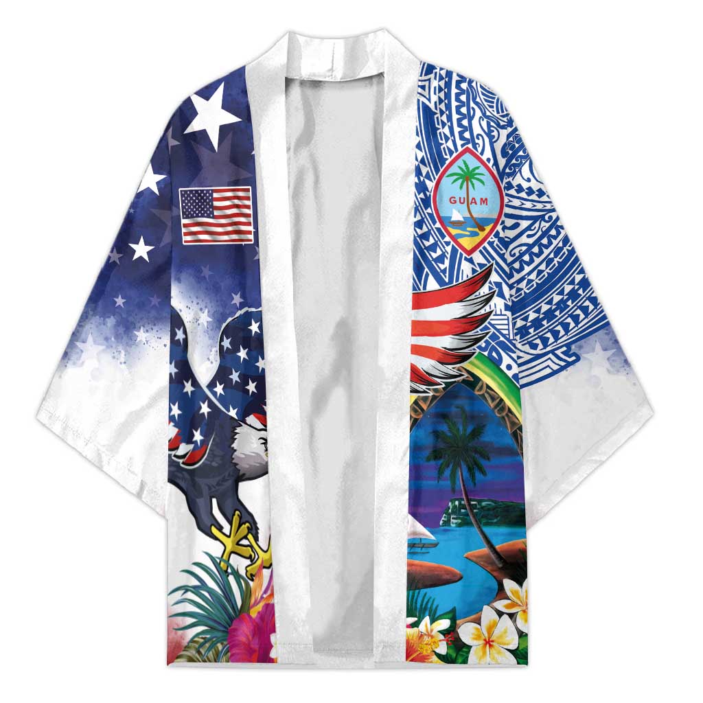 Guam and United States Together Kimono Bald Eagle and Guam Seal with Flower and Tribal Tattoos LT03 Unisex Multicolor - Polynesian Pride