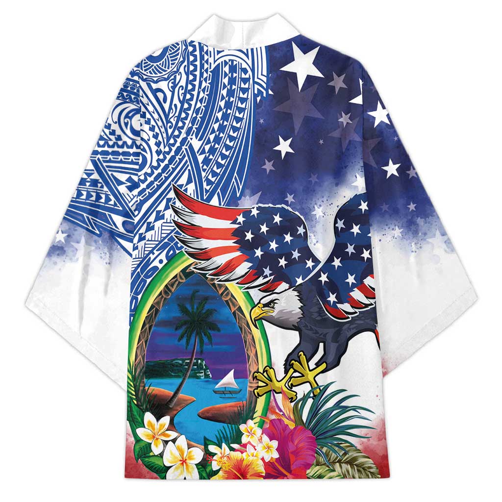 Guam and United States Together Kimono Bald Eagle and Guam Seal with Flower and Tribal Tattoos LT03 - Polynesian Pride
