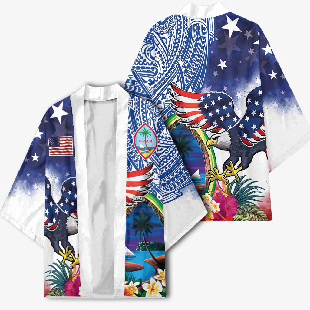 Guam and United States Together Kimono Bald Eagle and Guam Seal with Flower and Tribal Tattoos LT03 - Polynesian Pride