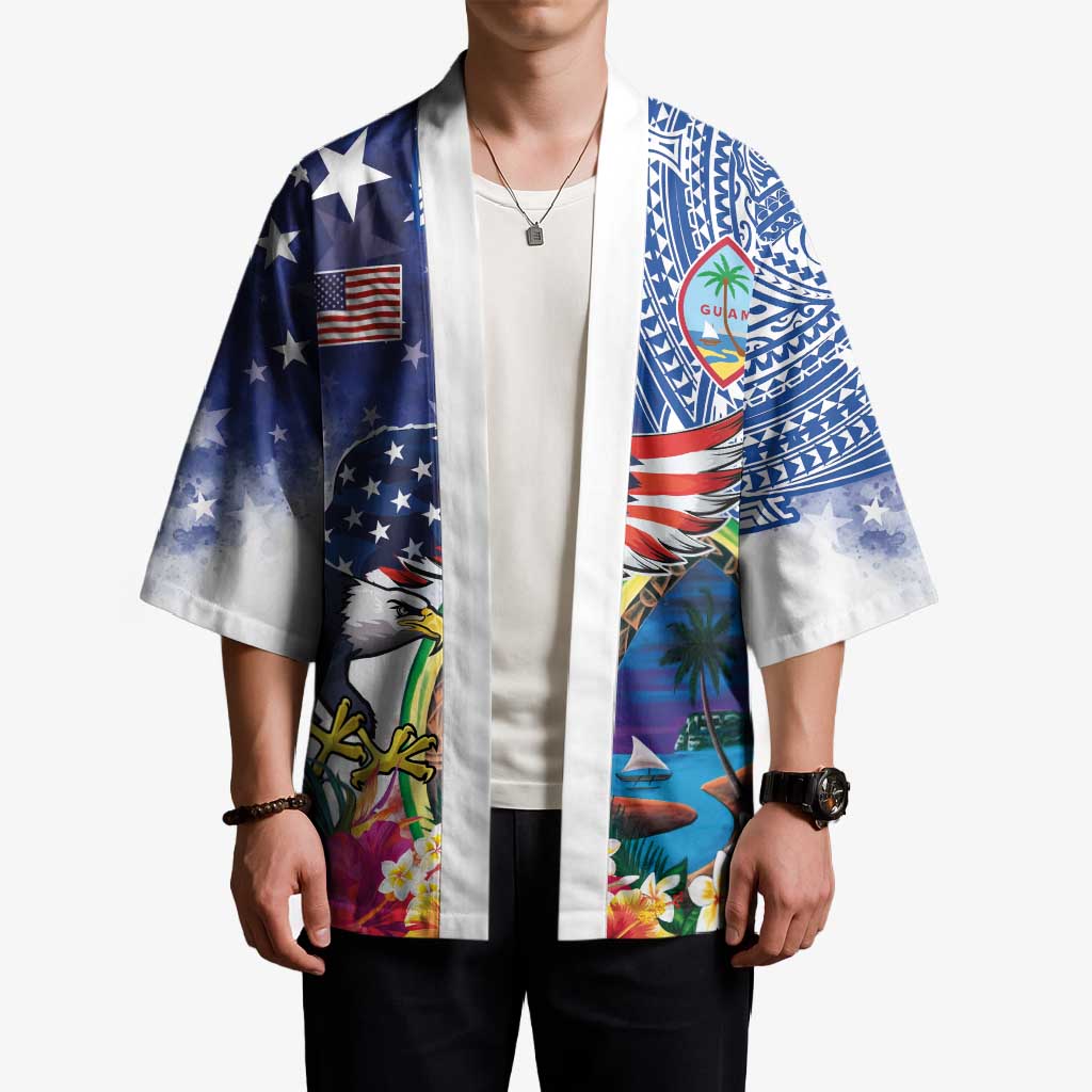 Guam and United States Together Kimono Bald Eagle and Guam Seal with Flower and Tribal Tattoos LT03 - Polynesian Pride