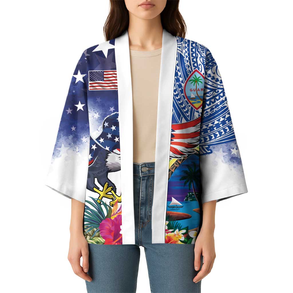 Guam and United States Together Kimono Bald Eagle and Guam Seal with Flower and Tribal Tattoos LT03 - Polynesian Pride