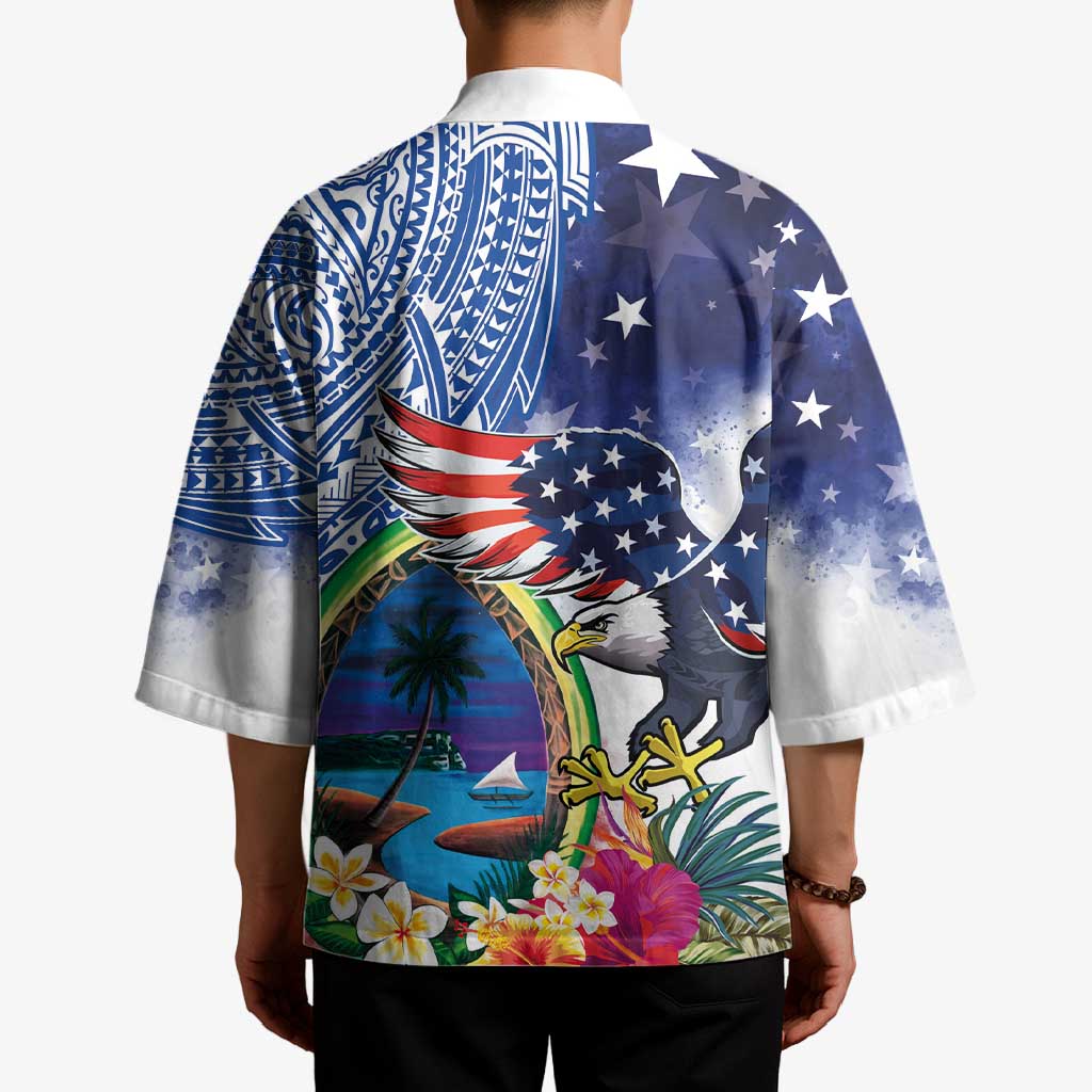 Guam and United States Together Kimono Bald Eagle and Guam Seal with Flower and Tribal Tattoos LT03 - Polynesian Pride