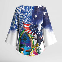 Guam and United States Together Kimono Sleeve Blouse Bald Eagle and Guam Seal with Flower and Tribal Tattoos LT03 - Polynesian Pride