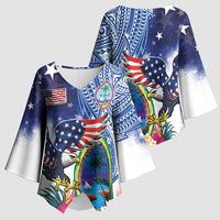 Guam and United States Together Kimono Sleeve Blouse Bald Eagle and Guam Seal with Flower and Tribal Tattoos LT03 - Polynesian Pride