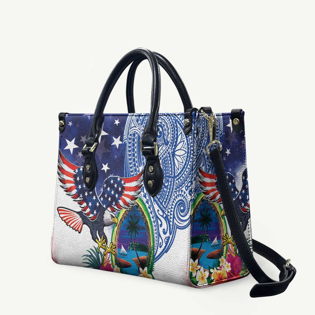 Guam and United States Together Leather Bag Bald Eagle and Guam Seal with Flower and Tribal Tattoos LT03 Multicolor - Polynesian Pride