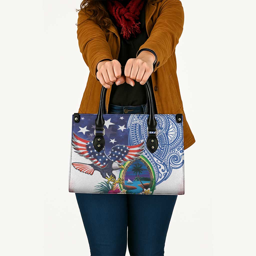 Guam and United States Together Leather Bag Bald Eagle and Guam Seal with Flower and Tribal Tattoos LT03 - Polynesian Pride