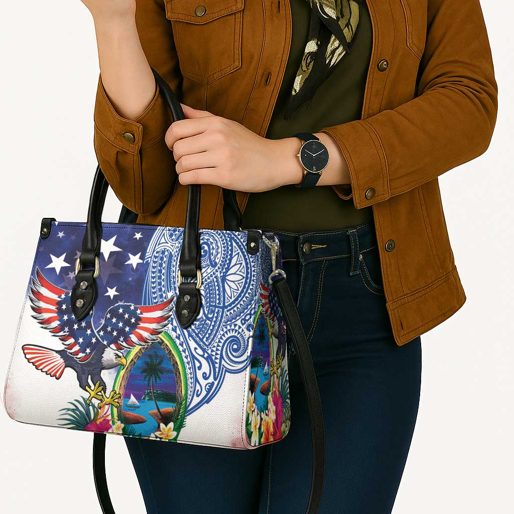 Guam and United States Together Leather Bag Bald Eagle and Guam Seal with Flower and Tribal Tattoos LT03 - Polynesian Pride