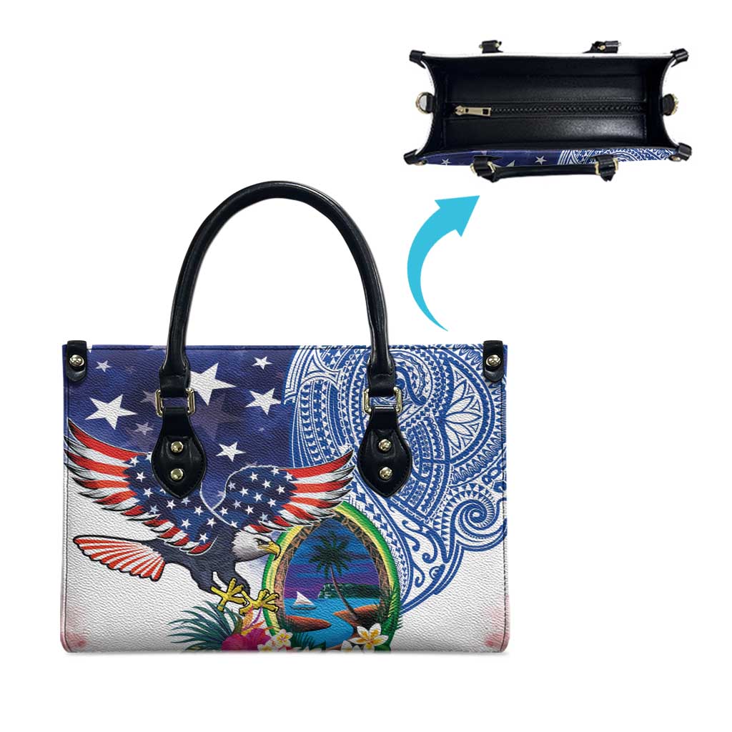 Guam and United States Together Leather Bag Bald Eagle and Guam Seal with Flower and Tribal Tattoos LT03 - Polynesian Pride
